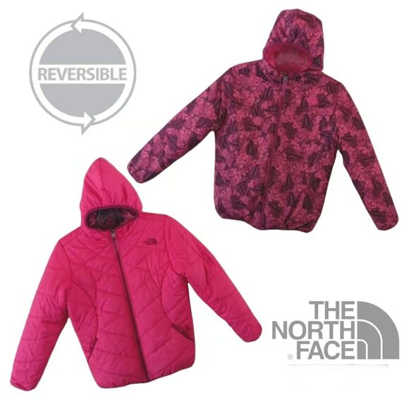The North Face Reversible Pink Butterfly Girl Perrito Puffer Jacket L 14/16 Hood - Picture 1 of 7